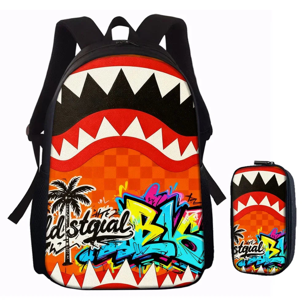 Trendy Shark Graphic Backpack Set For School And Daily Adventures
