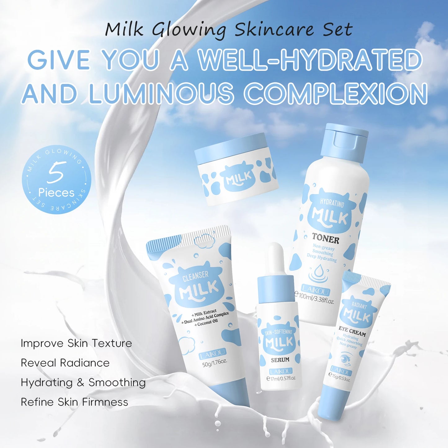 LAIKOU Milk Glow Skincare Set Hydrating Brightening Anti Age