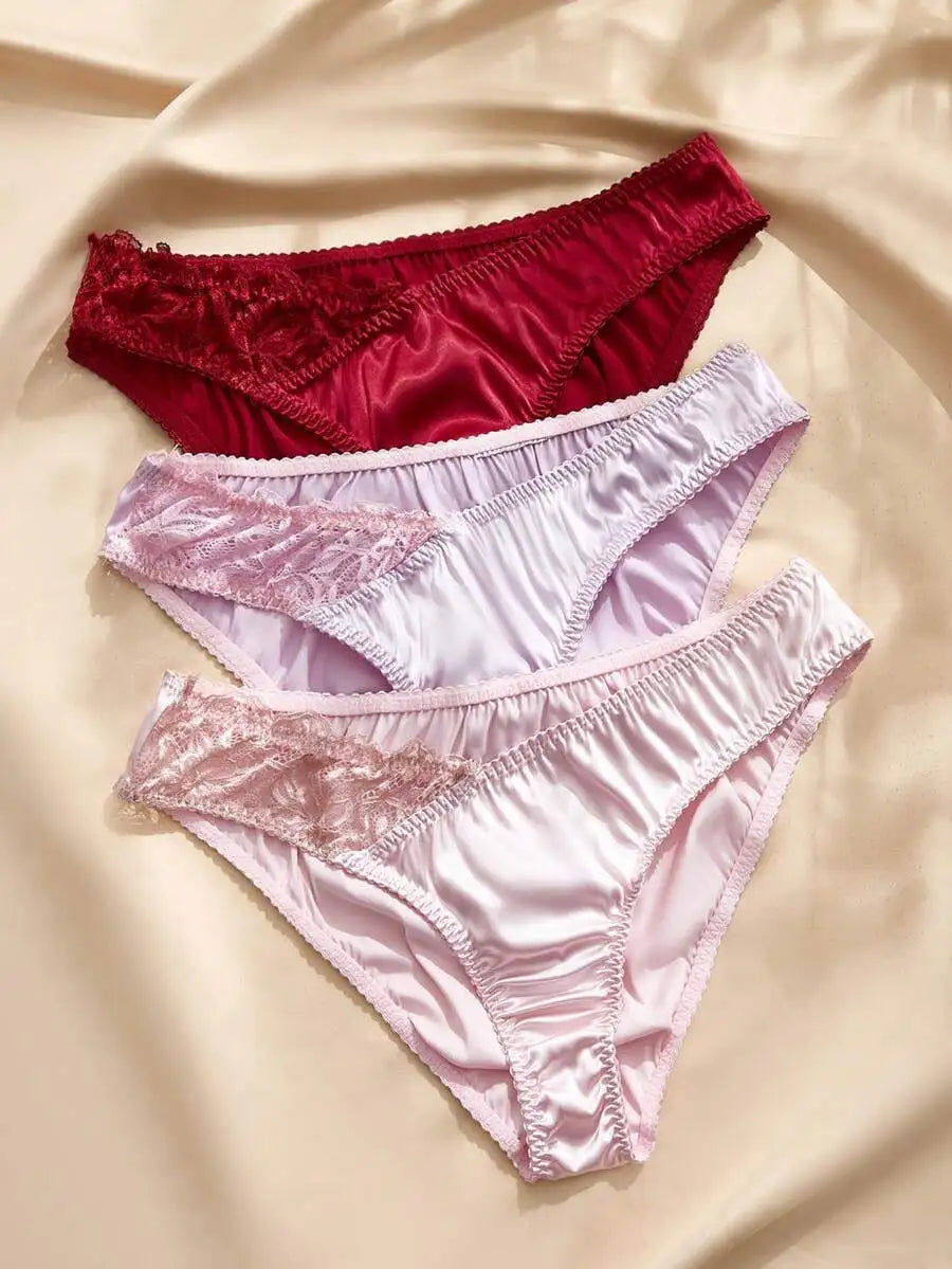 Satin Lace Womens Panties Set 3 Piece Solid Color French Style Briefs