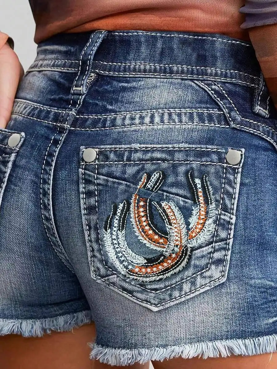 Denim Shorts With High Waist Embroidery Detail Frayed Hem