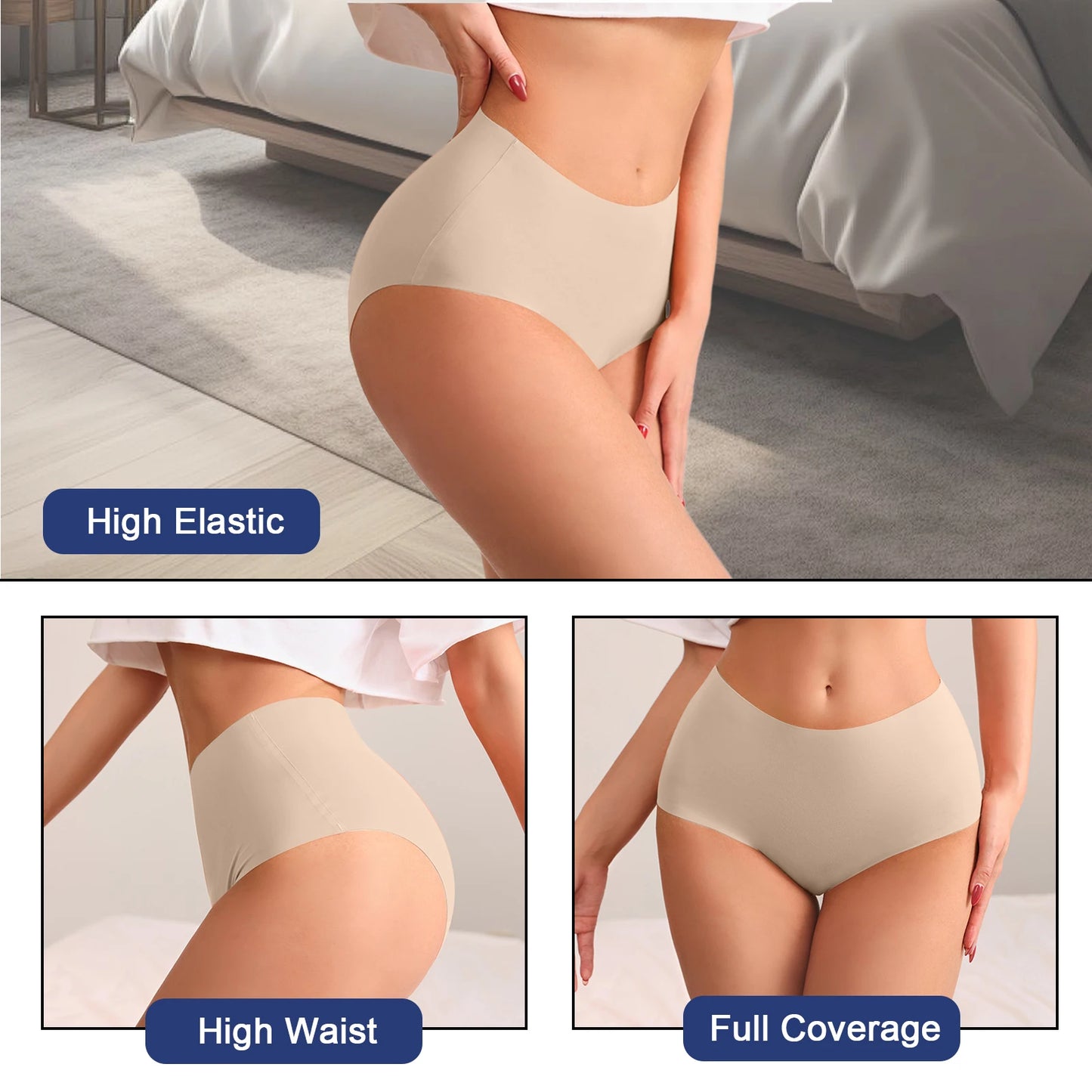 Women High Waist Seamless Panties Breathable Comfort Briefs Set
