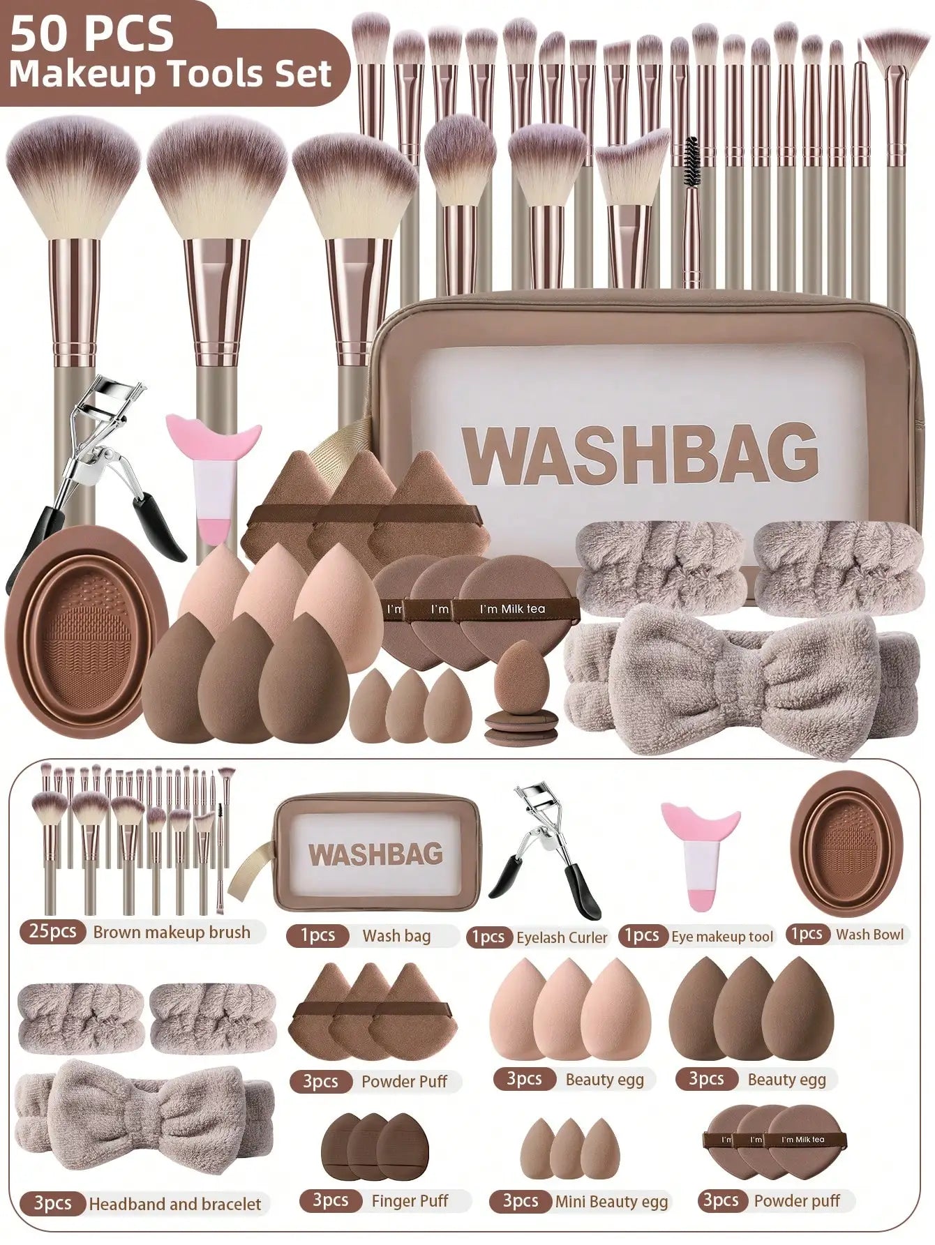 All-in-One 50-Piece Makeup Tools Set with Cosmetic Bag
