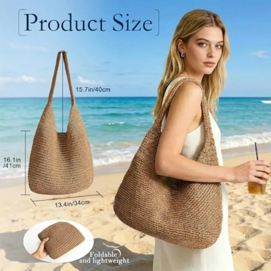Boho Straw Beach Tote Bag For Women Shoulder Purse