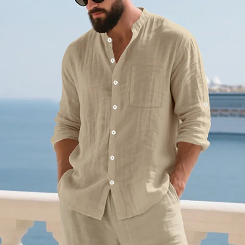 Mens Linen Button Down Shirt With Mandarin Collar Cuffs