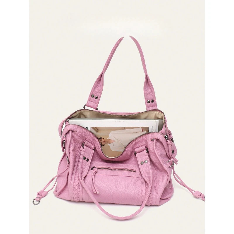 Women Casual Pu Leather Tote Bag With Zipper Pockets Braid Decor