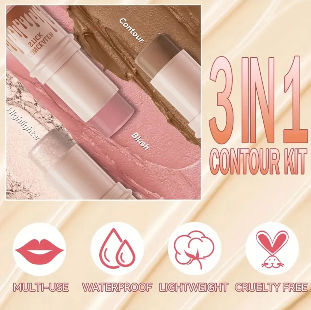 3 Piece Contour Stick Set With Blush Highlighter Bronzer Eyeliner