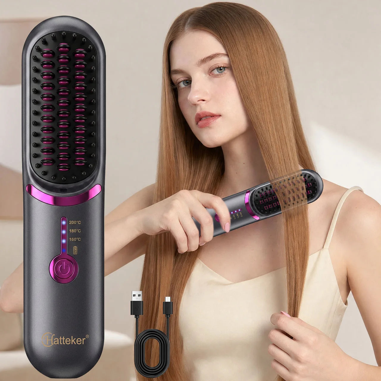 Hatteker Wireless Rechargeable Hair Straightening Comb With Three Heat Levels