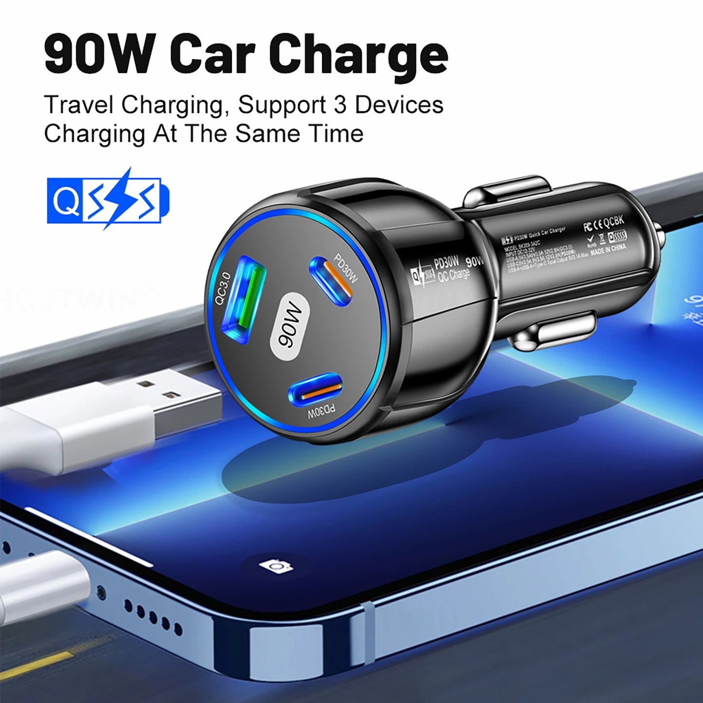 USB Type-C Car Charger 3-Port PD Fast Charge For iPhone