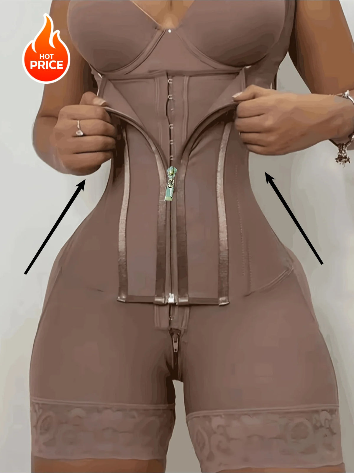 Women Lace Trim Tummy Control Shapewear Bodysuit With Adjustable Zipper
