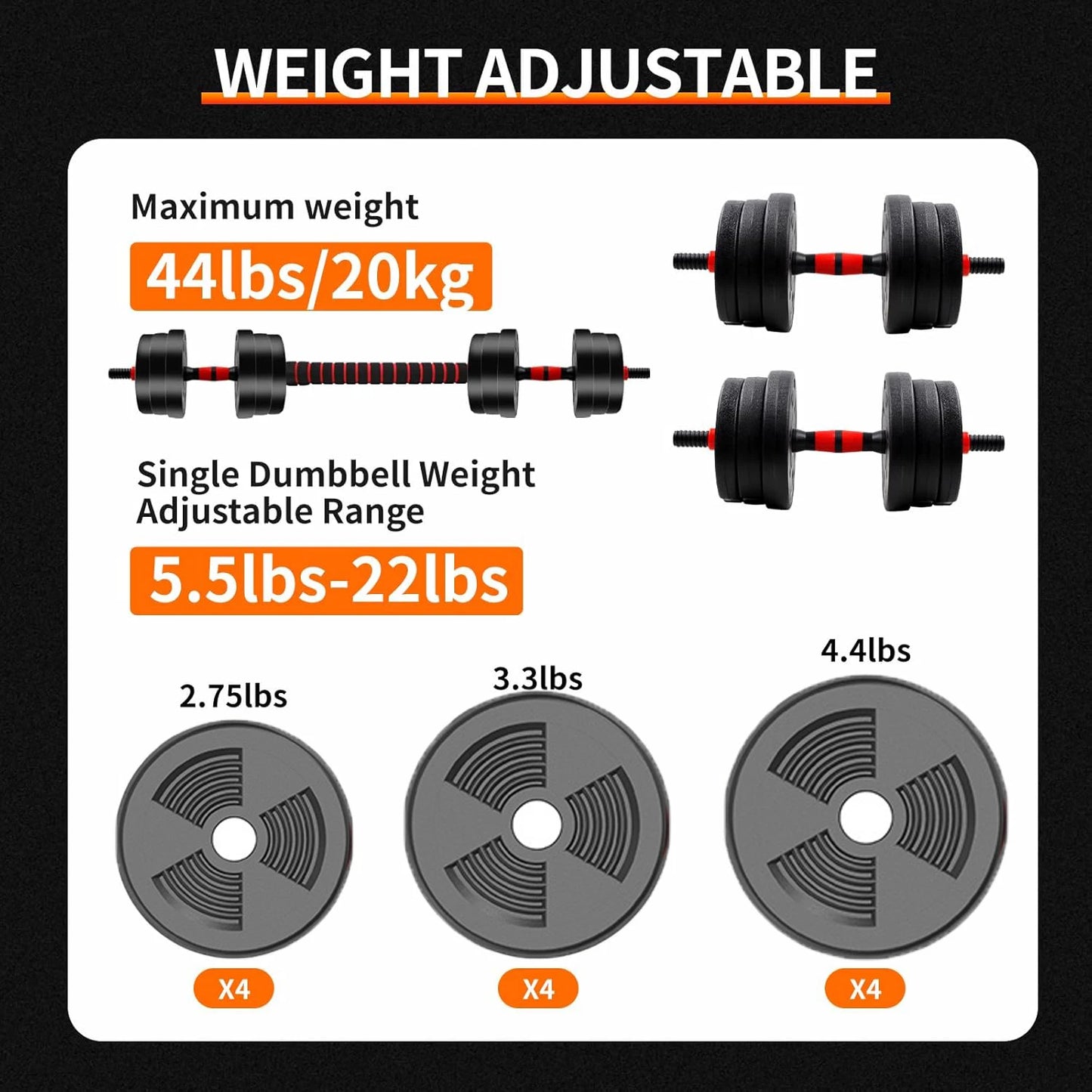 Adjustable Dumbbell And Barbell Set 5 To 44 Lbs Anti Slip Grip