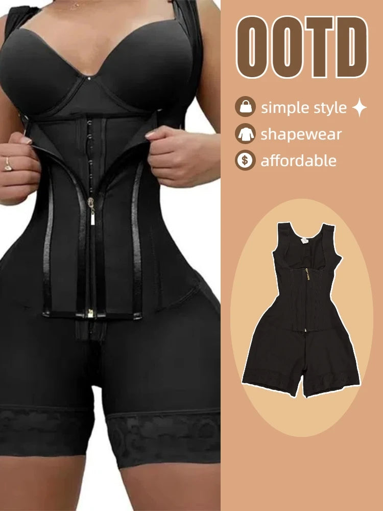 Women Lace Trim Tummy Control Shapewear Bodysuit With Adjustable Zipper