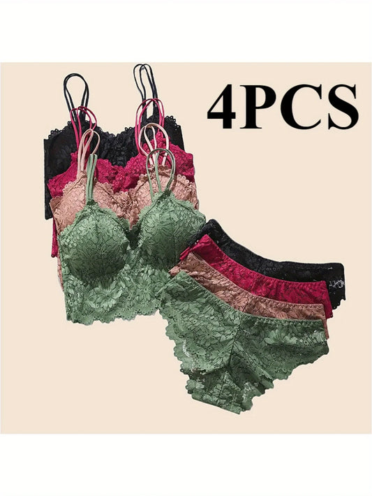 Women Breathable Lace Bra And Panty Set With Removable Cups