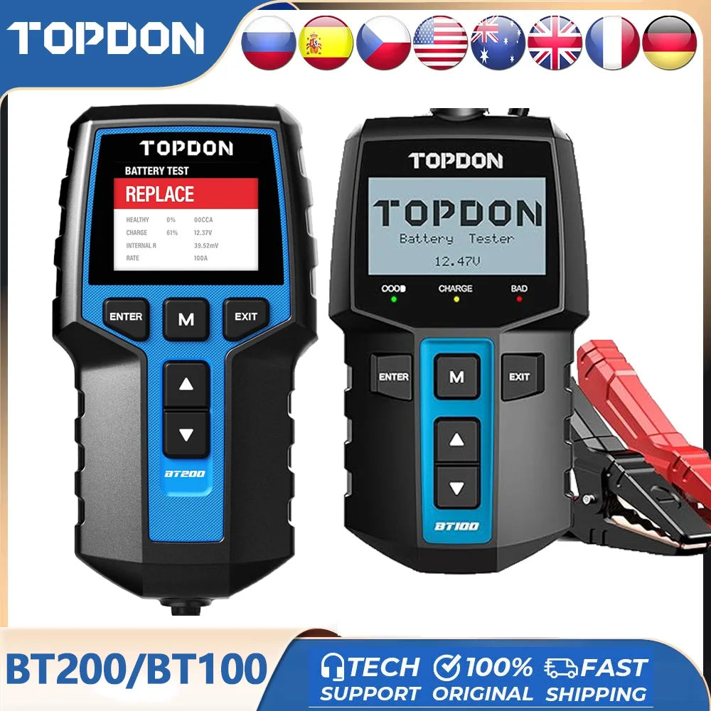 TOPDON BT100/BT200 Battery Tester for 12V/24V Cars and Diagnostics