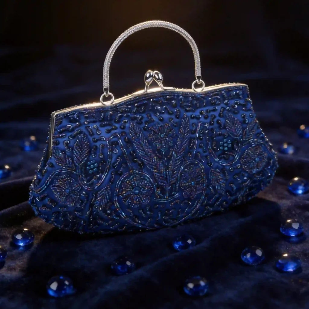 Handmade Beaded Evening Clutch Bag With Kiss Lock And Strap