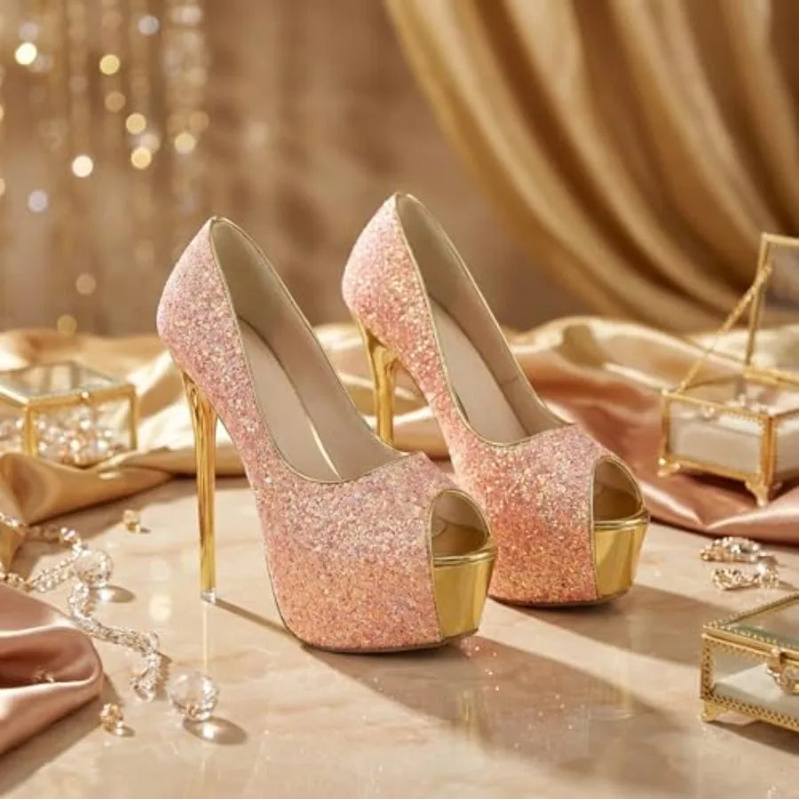 Women's Glitter Peep Toe Platform Stiletto Pumps For Evening Wear