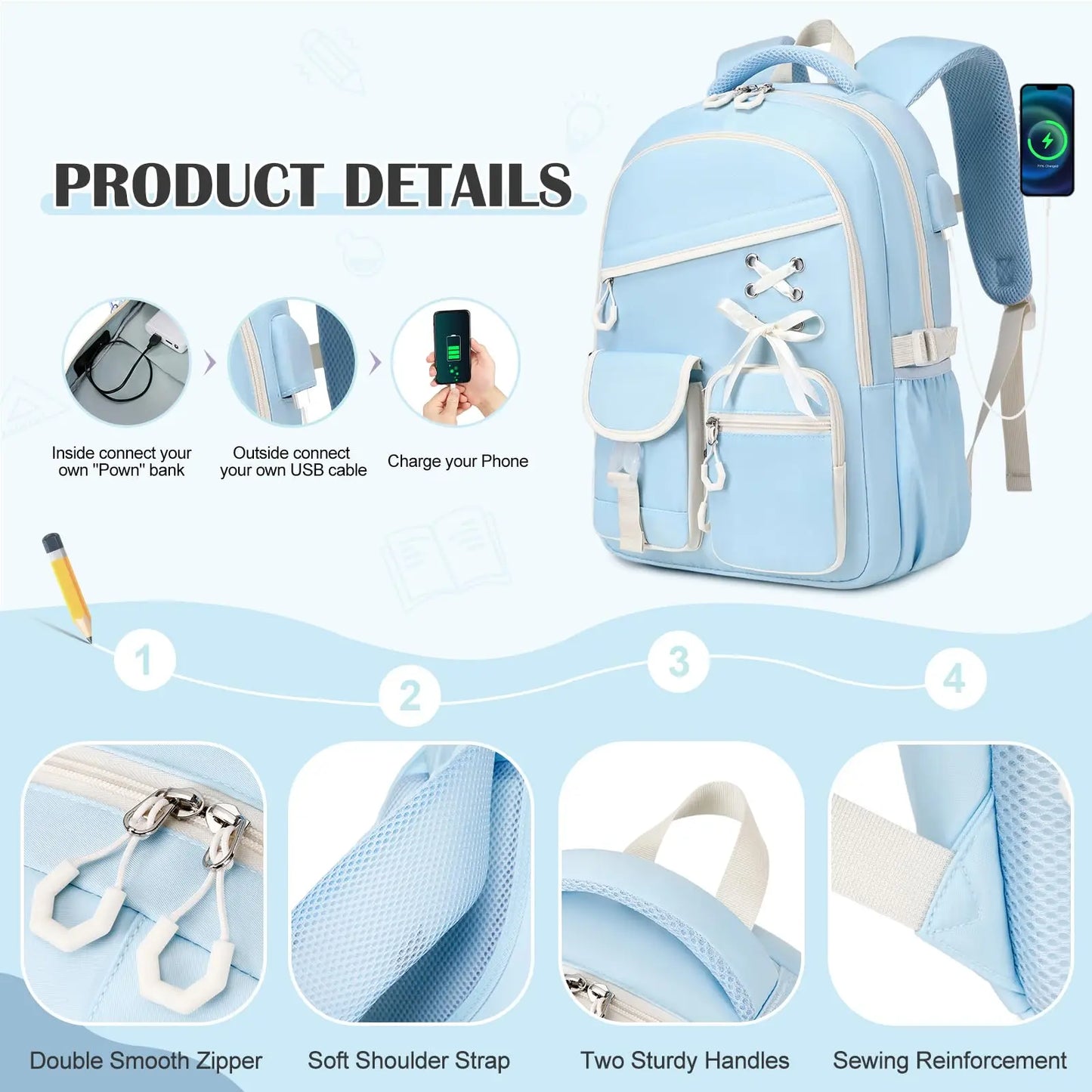 Adult Waterproof 3 Piece Backpack Set With Lunch Bag And Pencil Case