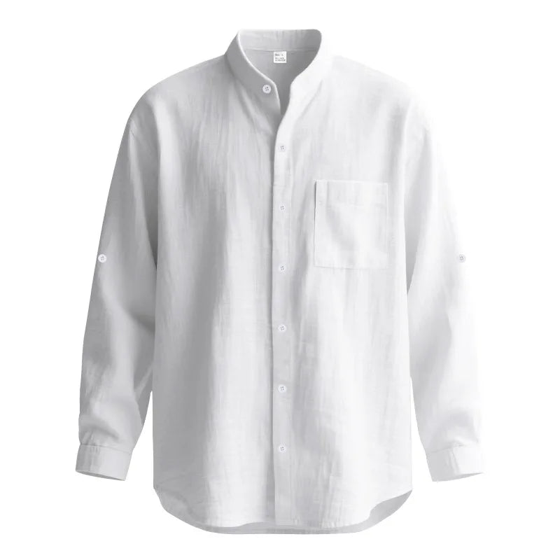 Mens Linen Button Down Shirt With Mandarin Collar Cuffs