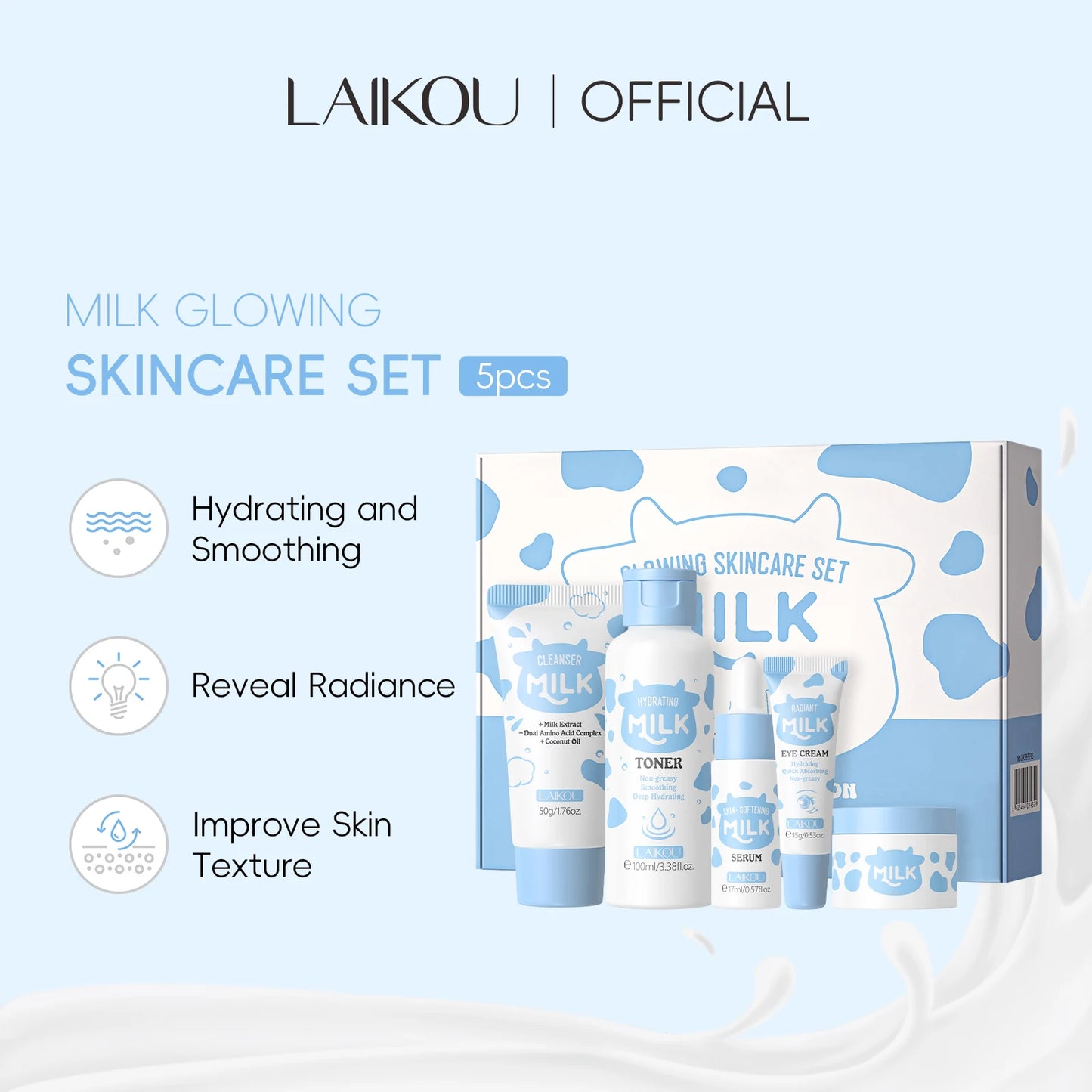LAIKOU Milk Glow Skincare Set Hydrating Brightening Anti Age