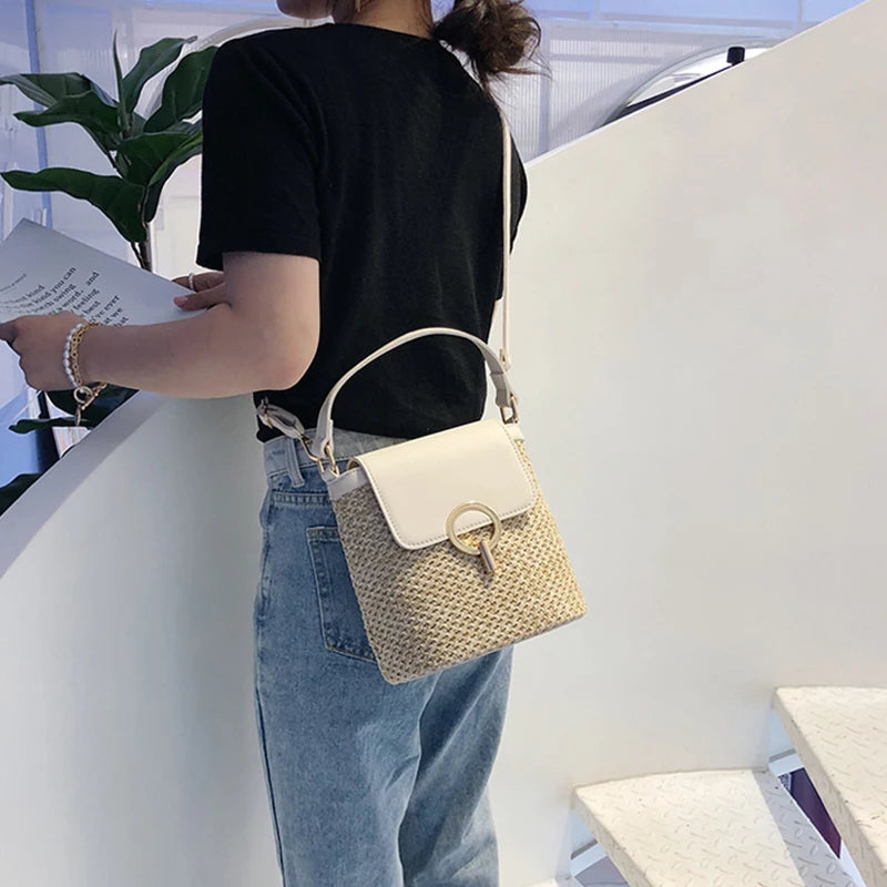 Beach Lady Straw Bucket Bag For Women Travel Purse