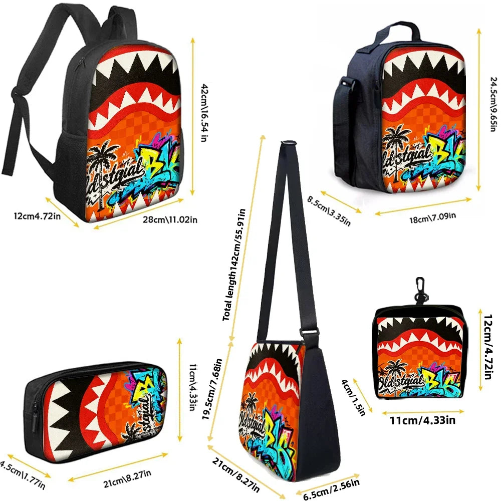 Trendy Shark Graphic Backpack Set For School And Daily Adventures