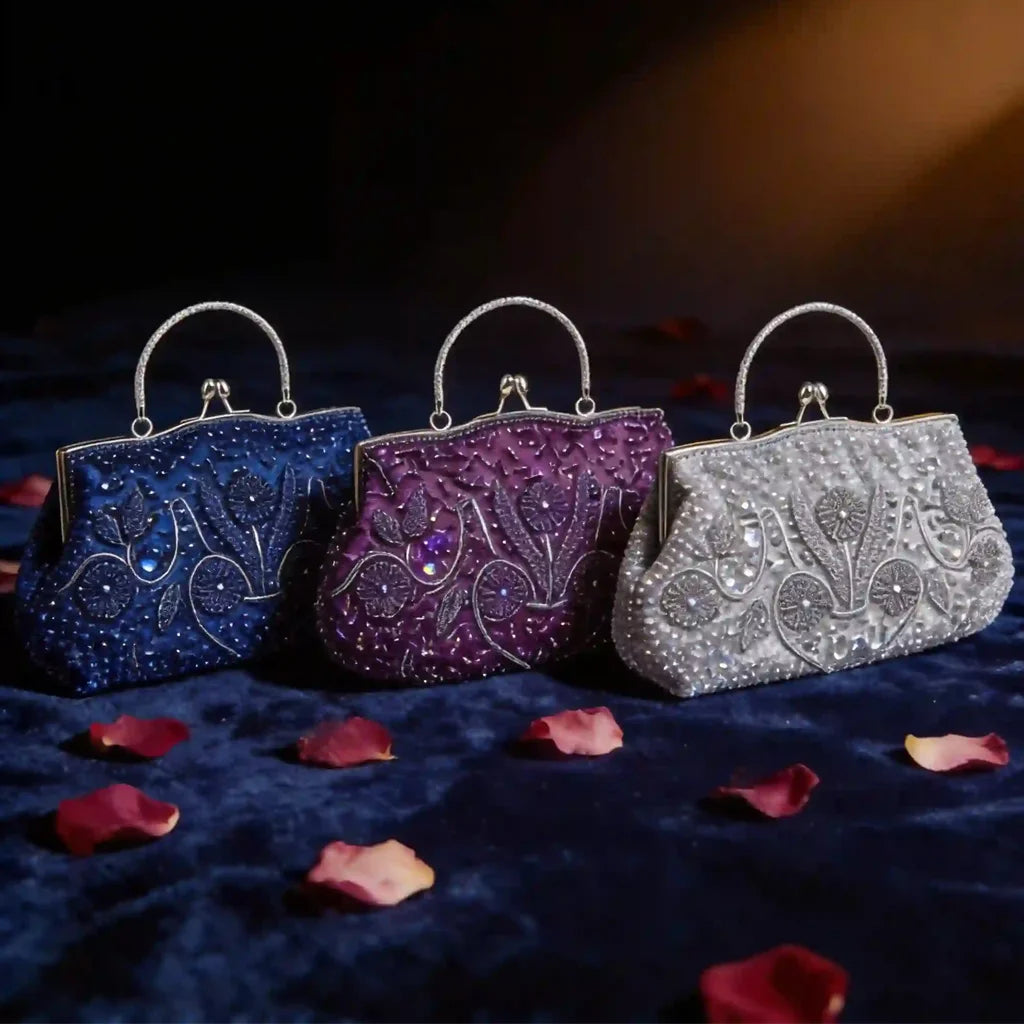 Handmade Beaded Evening Clutch Bag With Kiss Lock And Strap