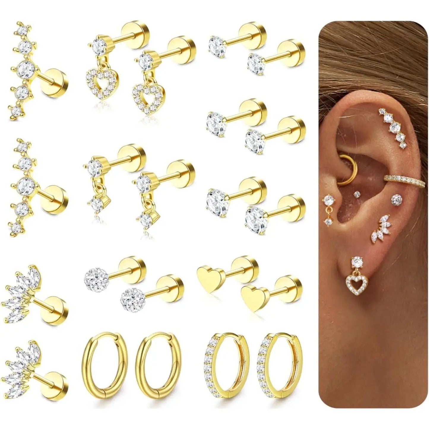 DrPerfect 11 Pairs Flat Back Cartilage Earrings Set Stainless Steel