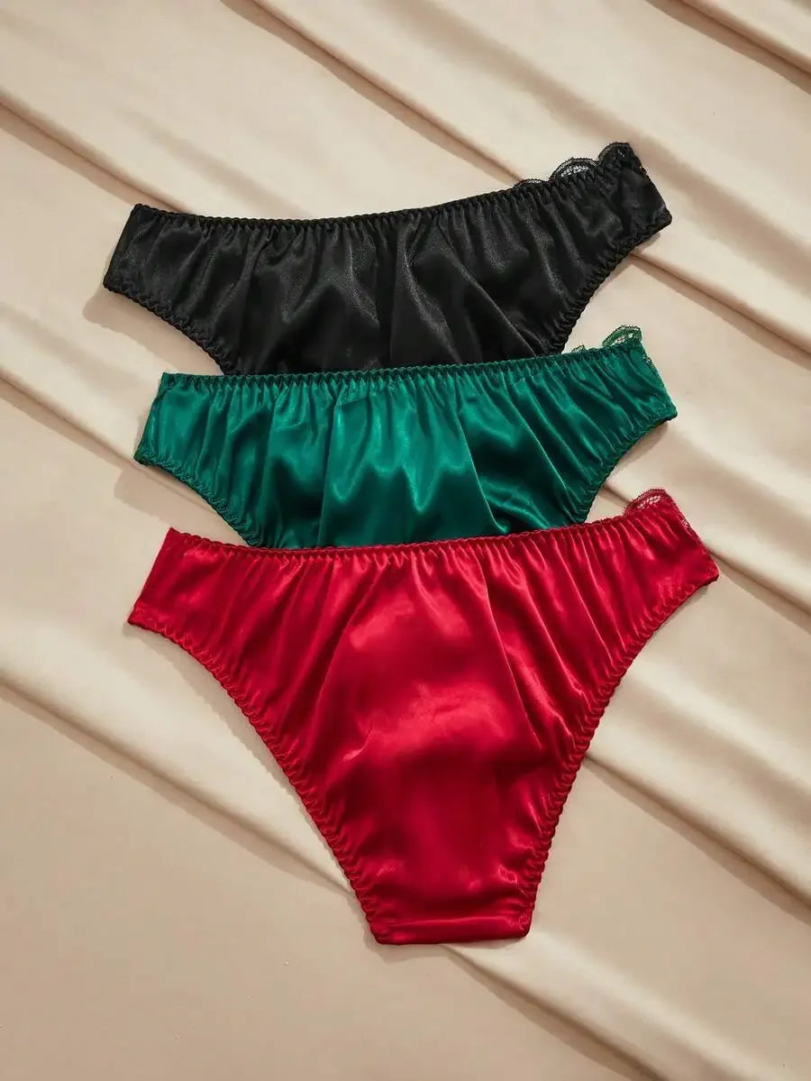 Satin Lace Womens Panties Set 3 Piece Solid Color French Style Briefs