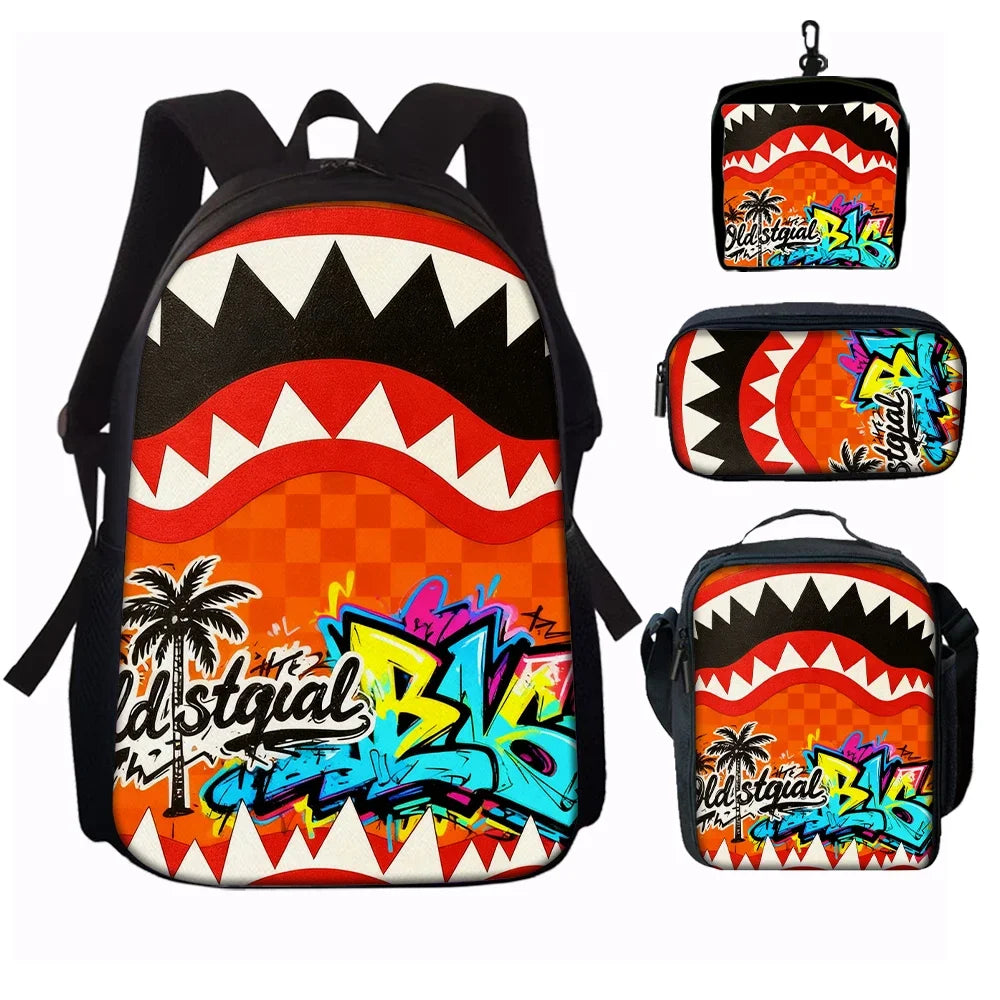 Trendy Shark Graphic Backpack Set For School And Daily Adventures