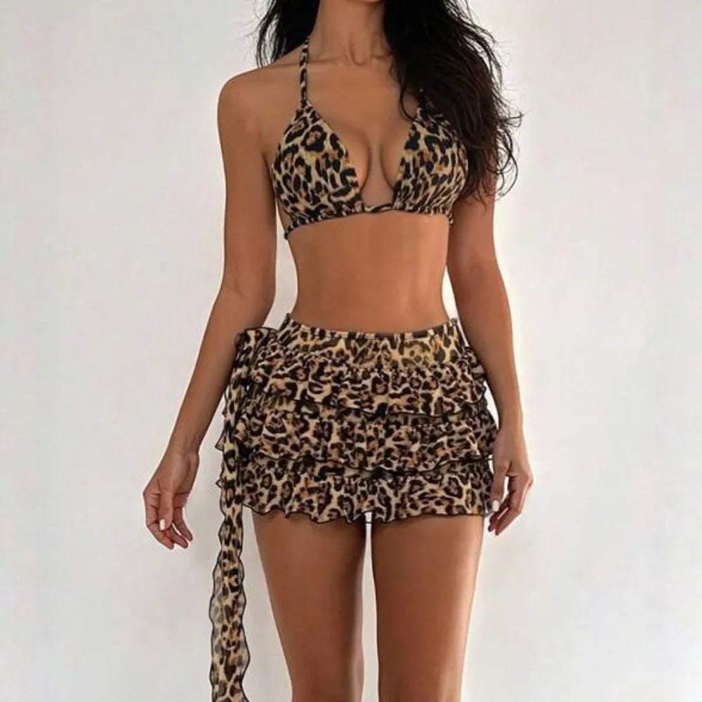 Leopard Print 3-Piece Bikini Set For Women Beach Swimwear