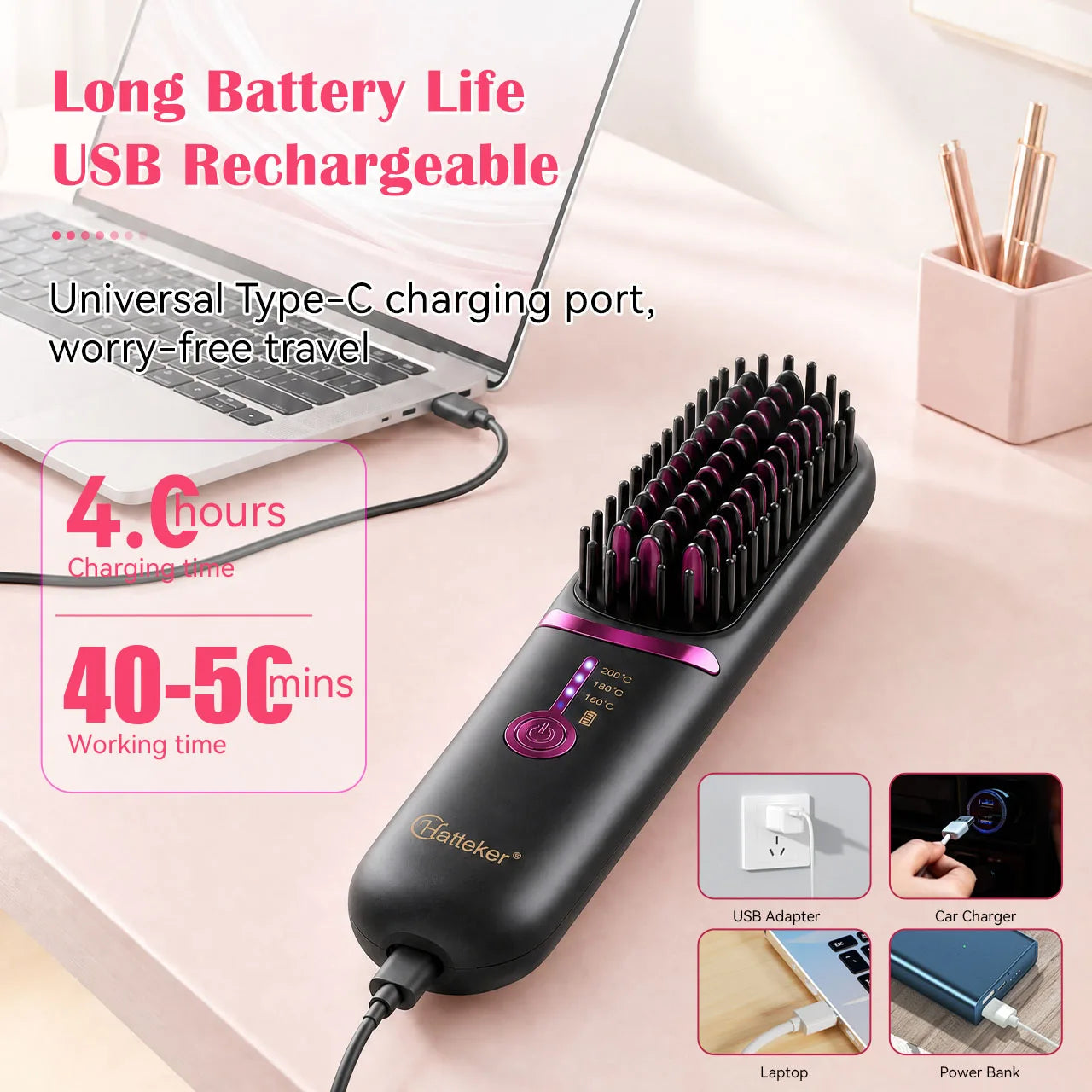 Hatteker Wireless Rechargeable Hair Straightening Comb With Three Heat Levels