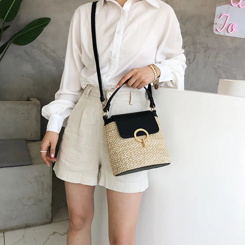 Beach Lady Straw Bucket Bag For Women Travel Purse
