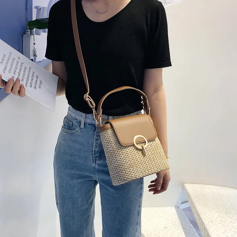 Beach Lady Straw Bucket Bag For Women Travel Purse