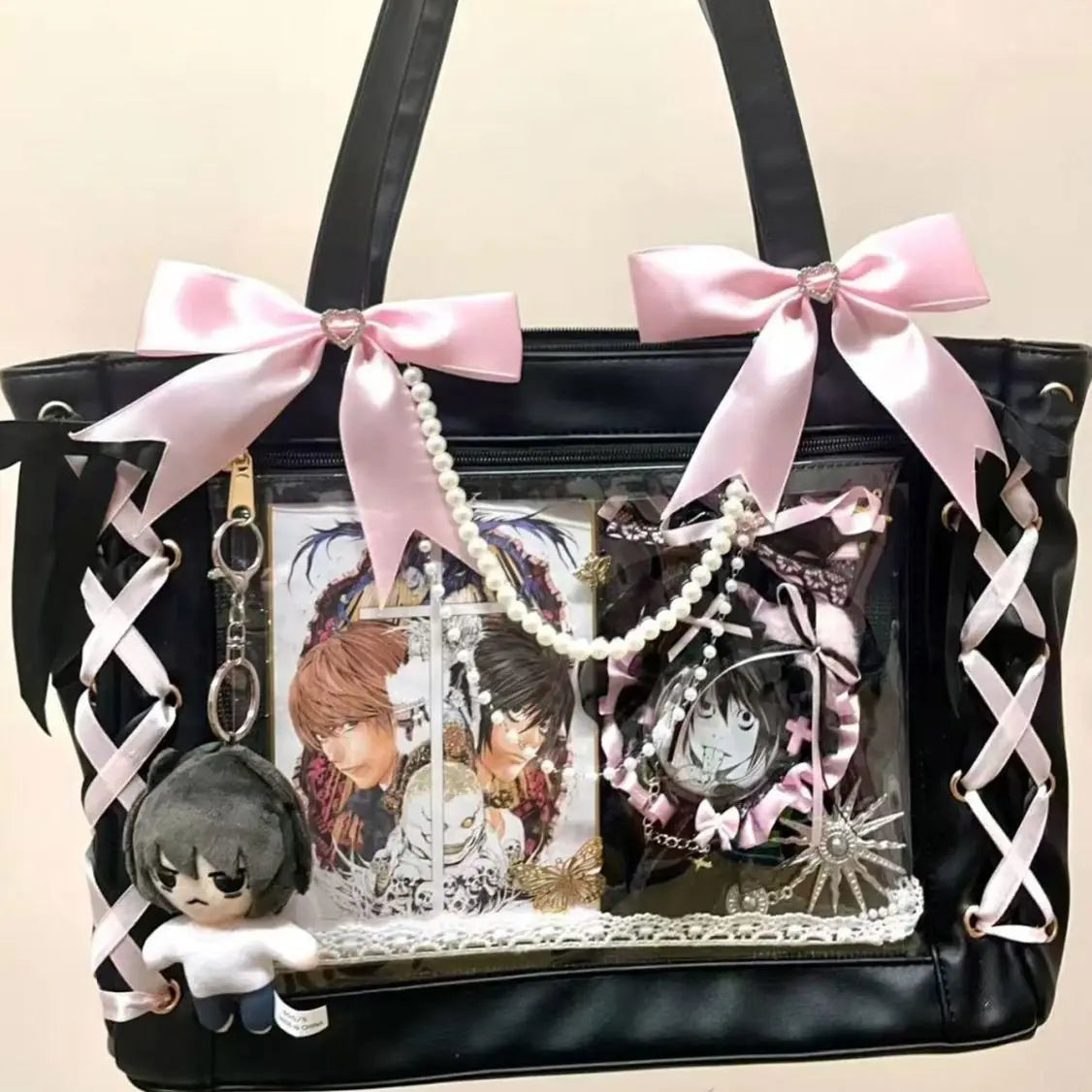 Ulzzang Ita Bag Ribbon Tote For Women Transparent DIY Badge