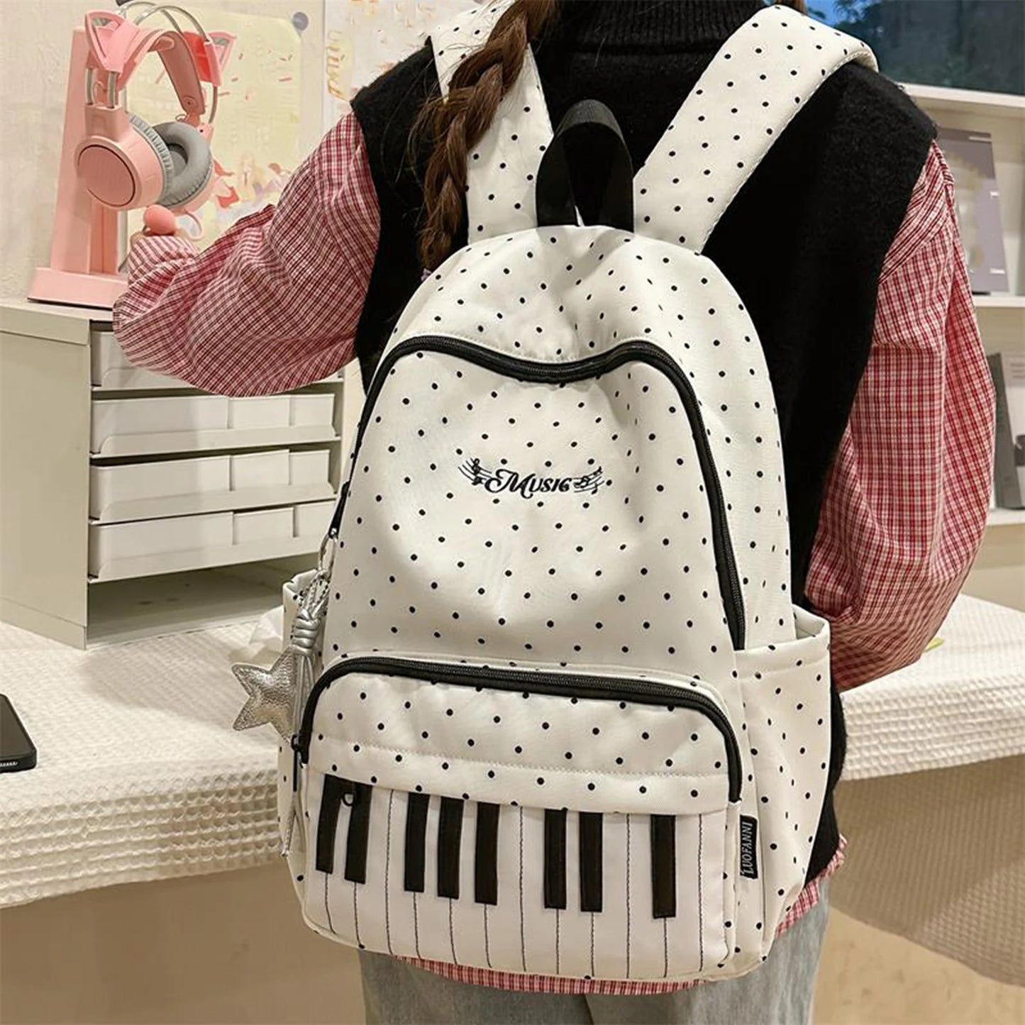 Shunmaii Nylon Polka Dot Piano Key Backpack for Teens
