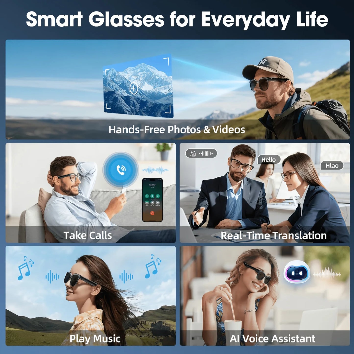 Smart Camera Glasses With AI Translator And Bluetooth Audio