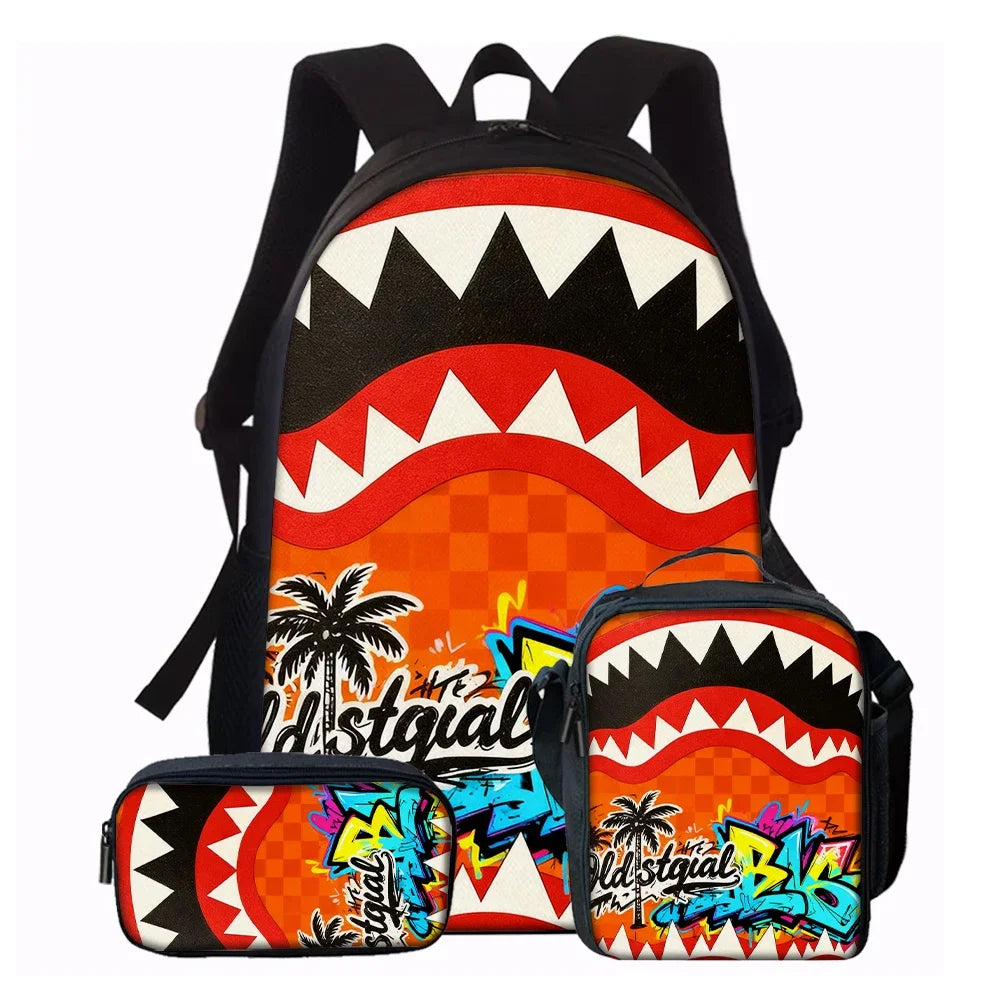 Trendy Shark Graphic Backpack Set For School And Daily Adventures