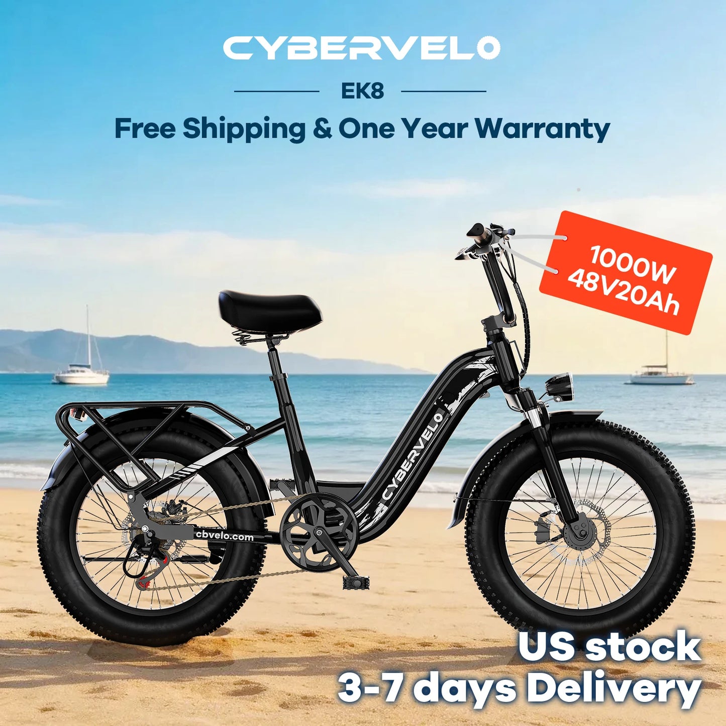 CYBERVELO 1000W Fat Tire Electric Bike EK8 With Removable Battery