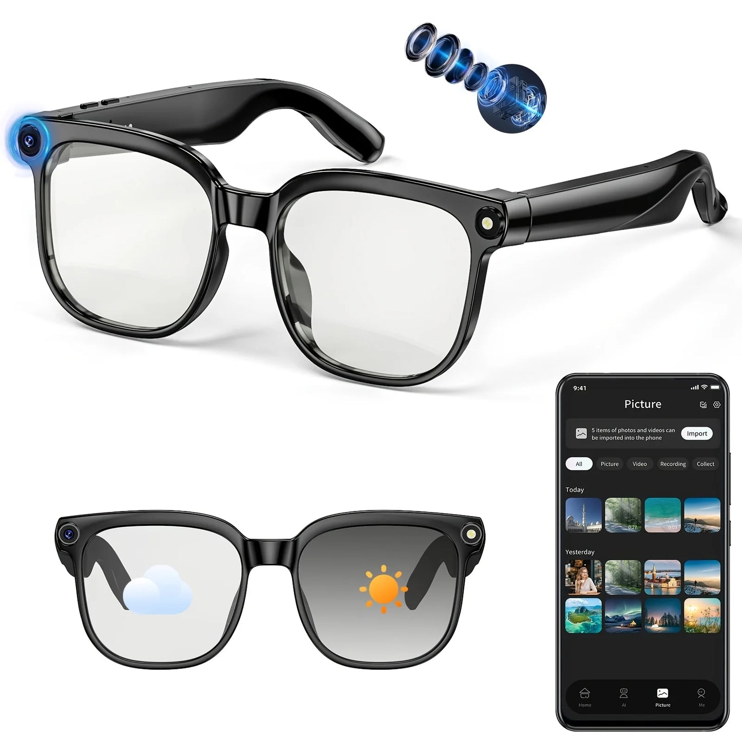 Smart Camera Glasses With AI Translator And Bluetooth Audio