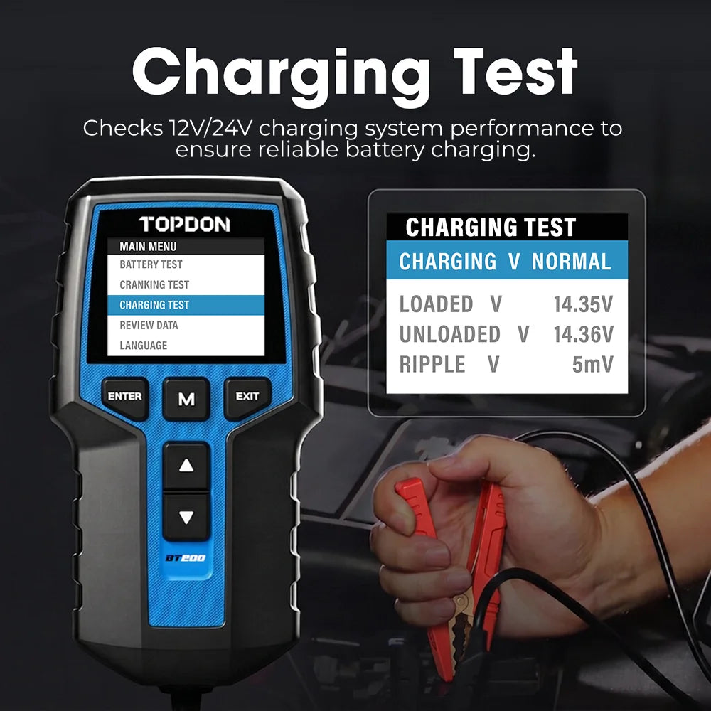 TOPDON BT100/BT200 Battery Tester for 12V/24V Cars and Diagnostics