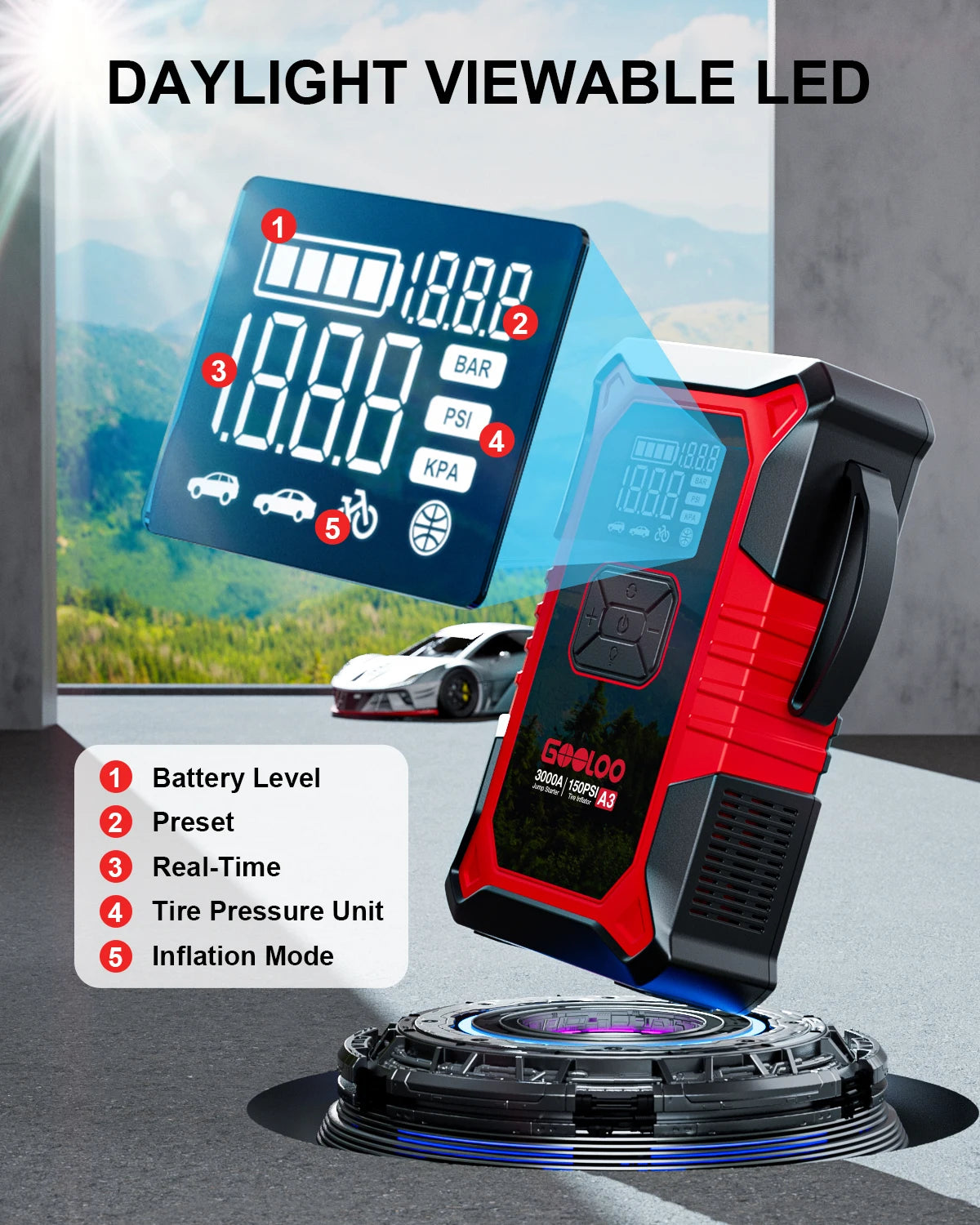 GOOLOO A3 Jump Starter With Air Compressor 3000A Portable