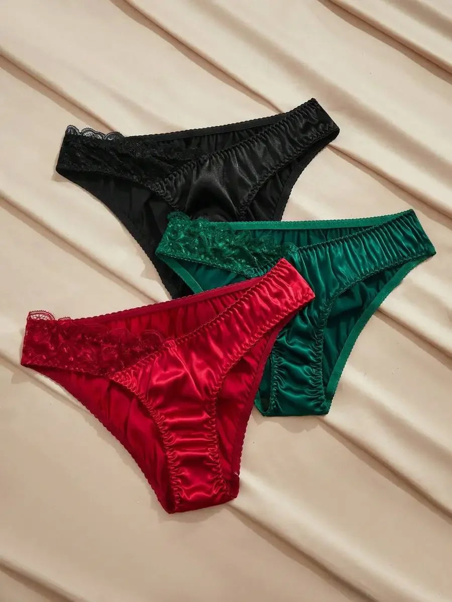 Satin Lace Womens Panties Set 3 Piece Solid Color French Style Briefs