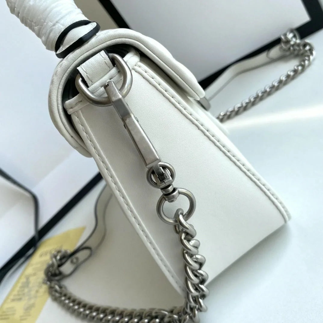 Women White Smooth Leather Flap Crossbody Bag With Silver Metal Chain