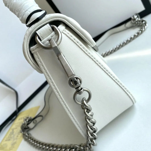 Women White Smooth Leather Flap Crossbody Bag With Silver Metal Chain