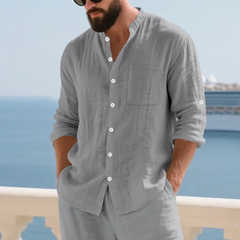 Mens Linen Button Down Shirt With Mandarin Collar Cuffs