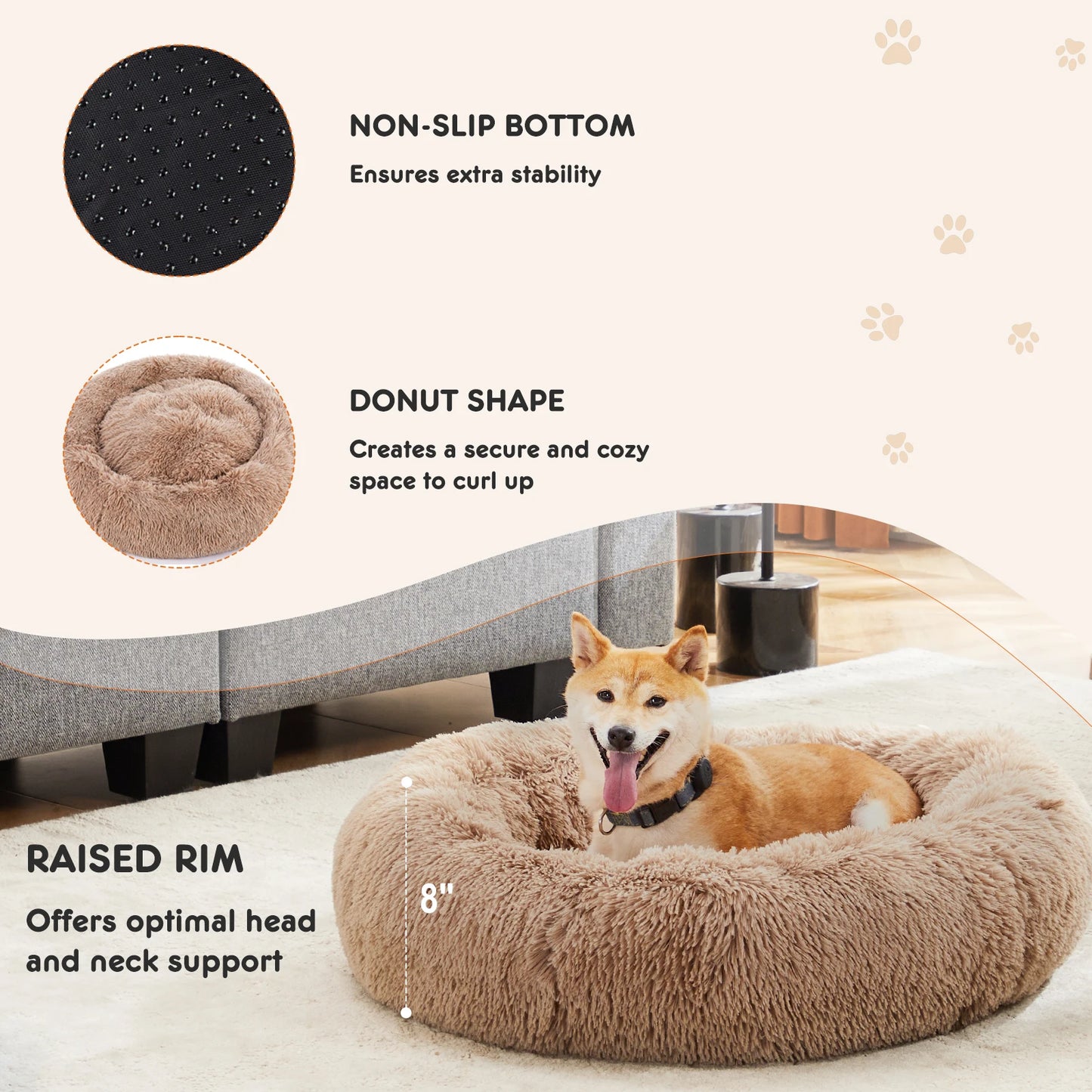 JHK Calming Dog Bed Washable Plush Round Bed For Dogs
