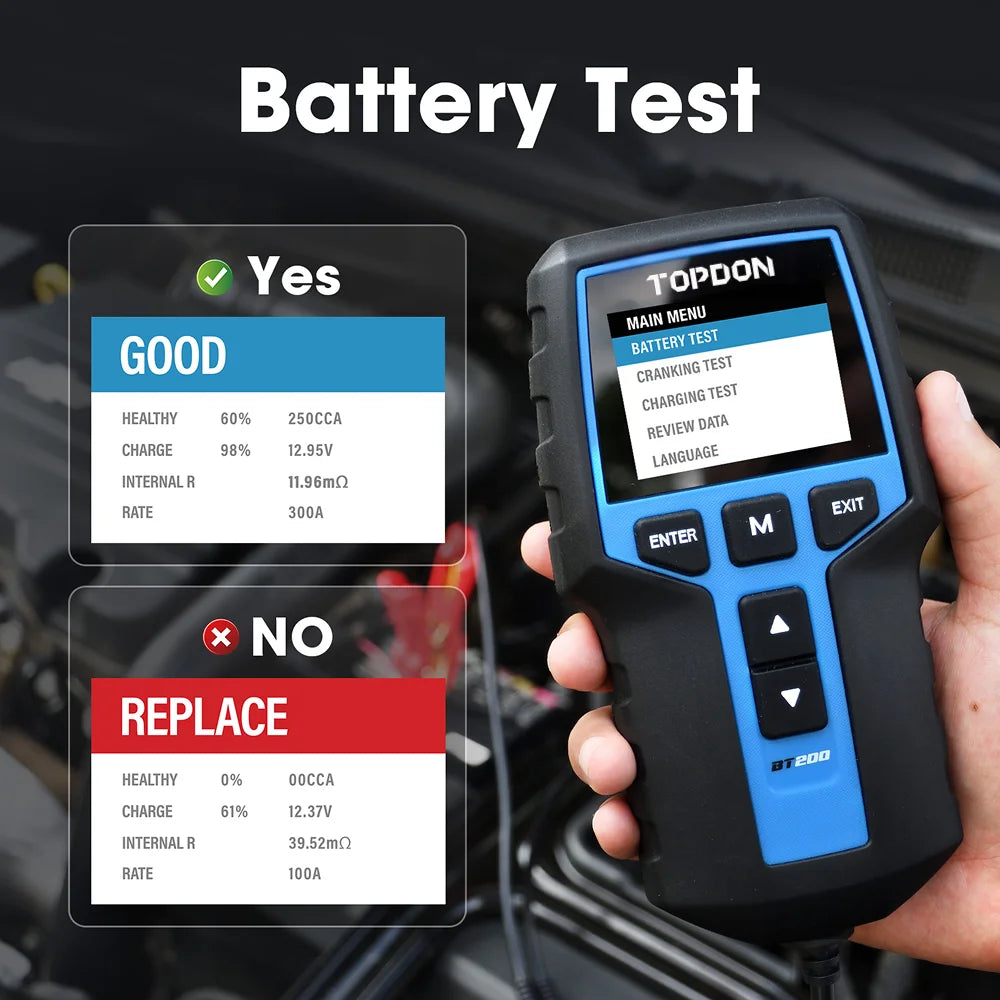 TOPDON BT100/BT200 Battery Tester for 12V/24V Cars and Diagnostics