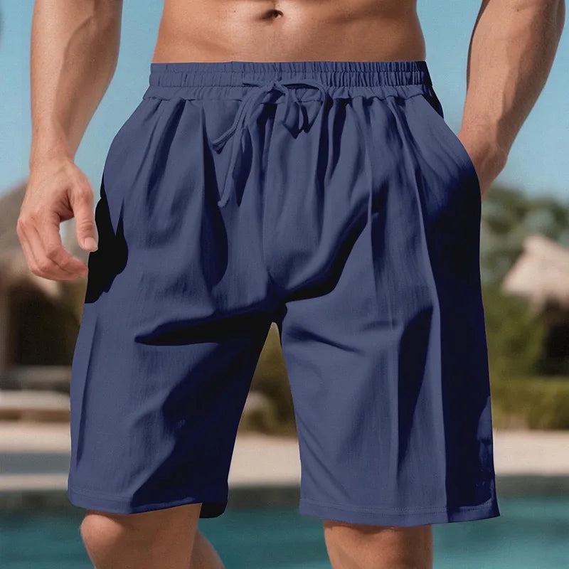 Men Quick Dry Linen Beach Shorts With Drawstring Waist Pockets