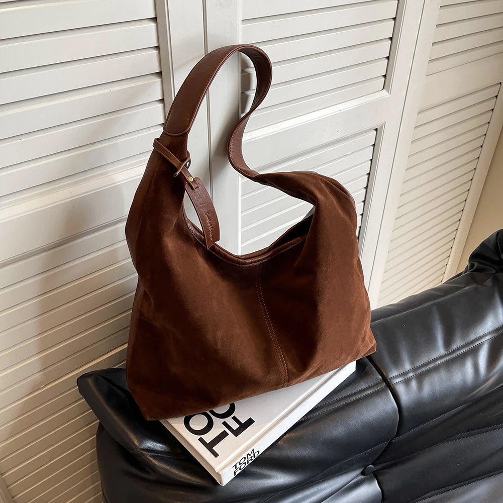 Women Suede Tote Bag Magnetic Closure Shoulder Slouchy Handbag