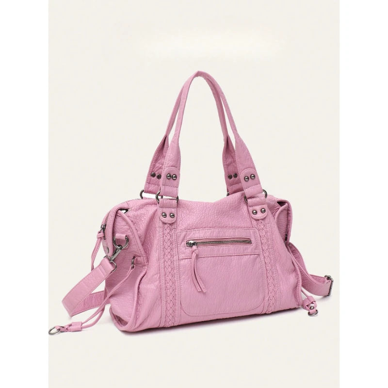 Women Casual Pu Leather Tote Bag With Zipper Pockets Braid Decor