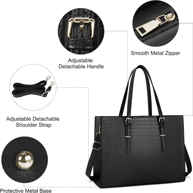 PU Laptop Tote Bag Large Capacity With Zipper And Detachable Strap